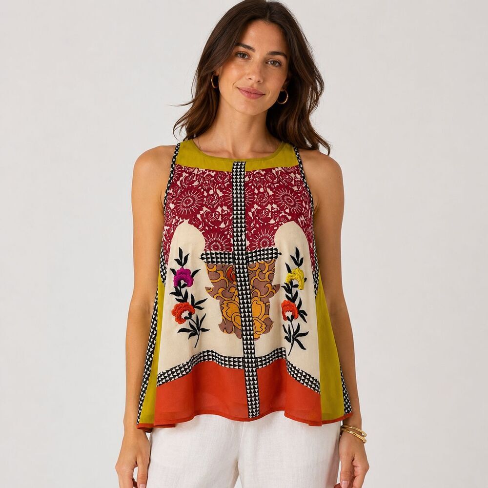 Vineet Bahl Jardin Swing Tank Top Embroidered Floral Boho Print SP